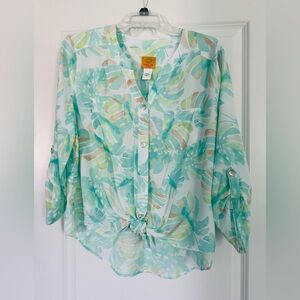 Ruby Rd. White and Green 3/4 Sleeve Tie Front Blouse